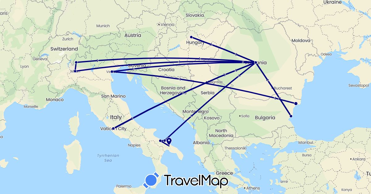 TravelMap itinerary: driving in Bulgaria, Hungary, Italy, Romania, Vatican City (Europe)